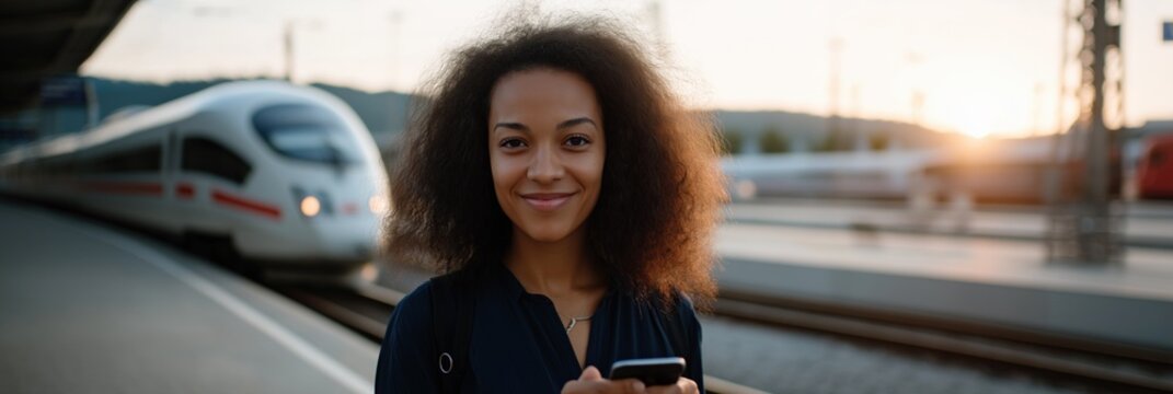 Young african female smiling at train station at sunset with high-speed train in background