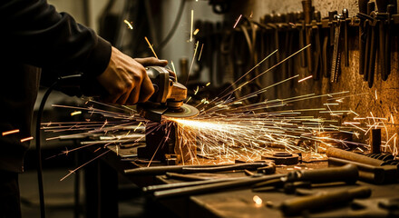 A worker using an angle grinder with sparks flying in a workshop environment with tools visible