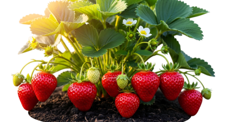 Ripe red strawberries and green unripe berries, on a plant with white flowers, cutout, PNG isolated on white or transparent background