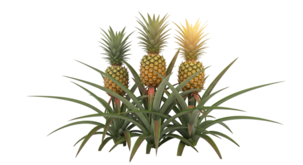 Three ripe pineapples, with green leafy tops growing from lush foliage, cutout, PNG isolated on white or transparent background