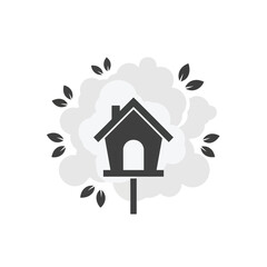 Simple icon of a birdhouse with leaves and clouds, symbolizing nature and home