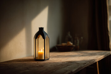 dimly lit vintage lantern casts warm glow as candle soft flame dances inside