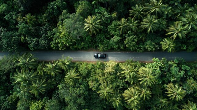 A spectacular aerial top-down view of a single black car driving along a straight road that cuts through an extremely dense, lush green tropical jungle or forest canopy.