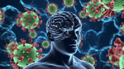 Conceptual 3D rendering of a human head with a visible brain surrounded by microscopic virus particles illustrating the impact of viral infections on the human brain and neurological health. - Powered by Adobe