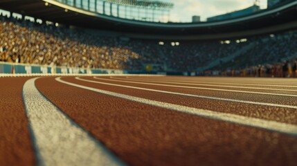 Running track close-up with white line in stadium under sunlight, blurred background