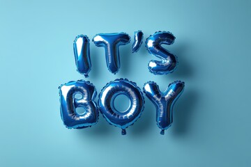 Blue foil balloon letters saying IT S BOY on light blue background