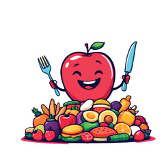 Happy apple cartoon eating healthy and diverse food
