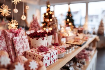 Cozy small bakery adorned with festive decorations, warm light illuminating beautifully packaged holiday cookies and cakes, inviting atmosphere of celebration