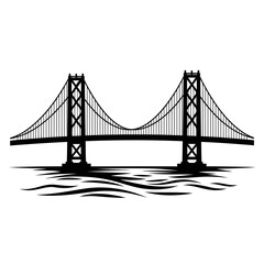 Fototapeta premium Silhouette of a suspension bridge with towers and cables spanning over water, representing travel, engineering, connection, or urban landscape