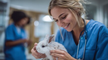 Veterinary professional caring for a rabbit in an animal clinic during daytime