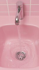 Flowing water from chrome faucet in pink sink