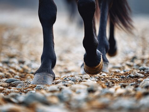 Close-up of horse hooves walking on gravel path in natural setting