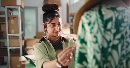 Fashion, workshop and clothes designer with measuring tape for creation process, fabric or check tailoring. Measurement, inspect and woman with garment sample, textile production or quality control