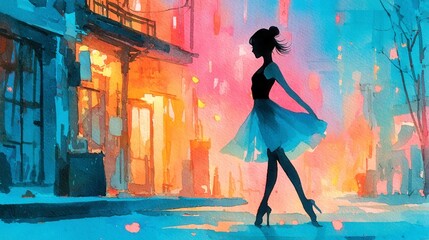 Ballet dancer in colorful urban scene, graceful pose against vibrant backdrop, artistic expression showcasing movement and beauty.