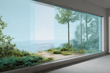 office window featuring augmented reality visualization of business meetings juxtaposed against relaxing urban