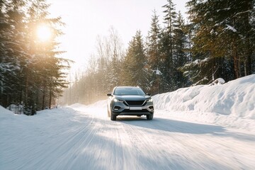 Suv driving on snowy road through the Winter forest at daytime