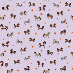 Seamless digital watercolor pattern with elegant decorative horses and stars on a violet background. Ideal for fabric, gift wrap, stationery, digital scrapbook paper.
