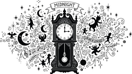 Magical midnight clockwork dreamscape with dancing creatures and floral accents