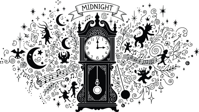 Magical midnight clockwork dreamscape with dancing creatures and floral accents