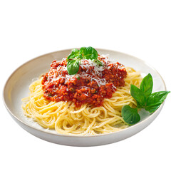 Delicious spaghetti bolognese served in white bowl with basil garnish Isolated on transparent background