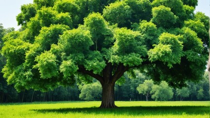 Lush Green Tree Spreading Its Leafy Canopy in a Serene Landscape of Verdant Meadow