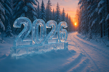 The icy numbers of 2026 against the backdrop of a winter forest and a beautiful sunset. Happy New Year and Merry Christmas 2026!