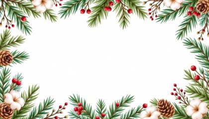 Beautiful Festive Border of Pinecones and Berries with Cotton Accents on a White Background
