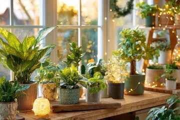 Inviting corner filled with colorful houseplants and delicate holiday decor, enhanced by warm string lights for a joyful New Year vibe