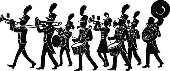 Marching band silhouette with musicians and instruments illustration graphic design