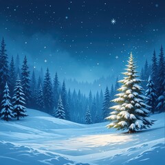 Snowy Forest Landscape Under a Starry Night Sky in Winter Season