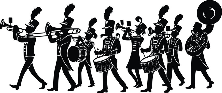 Marching band silhouette with musicians and instruments illustration graphic design