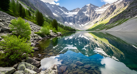 Crystal-clear mountain lake with snow-capped peaks and flawless reflection