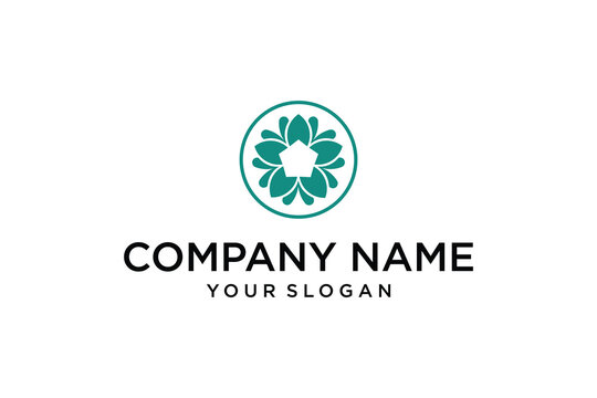 Abstract Teal Floral Logo Design Template with Company Name and Slogan Space. Modern Circular Graphic for Branding and Identity.