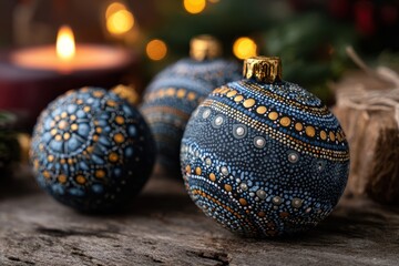 Close-up of decorated handmade ornaments on a wooden table, warm candlelight casting a soft glow over the festive scene