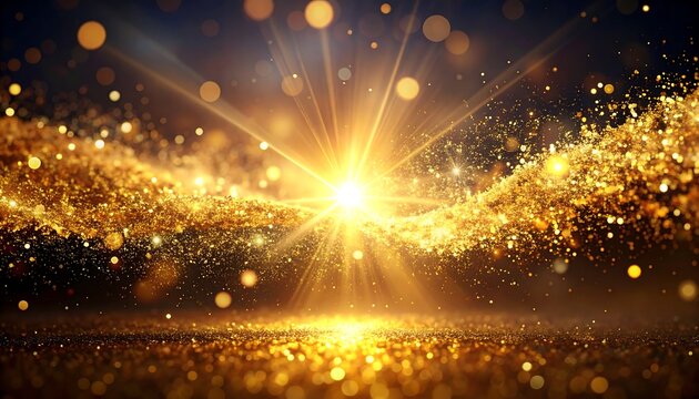 Shimmering golden particles radiate from a bright center over a glittering ground, set against a dark backdrop