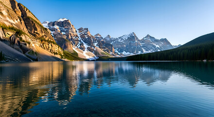 Crystal-clear mountain lake with snow-capped peaks and flawless reflection