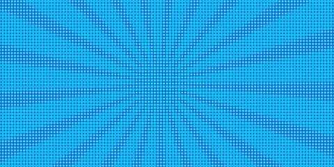 Pop art halftone background. Comic starburst pattern. Blue banner with star speech bubble. Vintage duotone texture. Gradient wow design. Cartoon superhero print. Vector illustration.