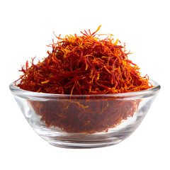 Fototapeta premium Pile of Red Saffron Threads in a Small Clear Glass Bowl, Expensive Culinary Spice, Isolated on transparent background