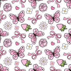 Sweet Pastel Pink Butterflies, Ribbons, and Strawberry Delight Seamless Pattern