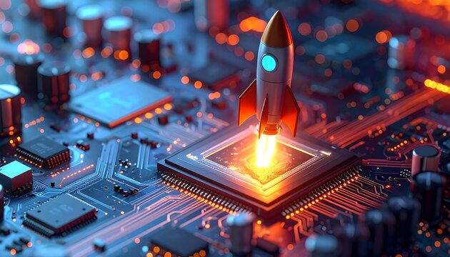 Rocket poised for liftoff atop a microchip, simulating technological advancement and speed, bright yellow light effects