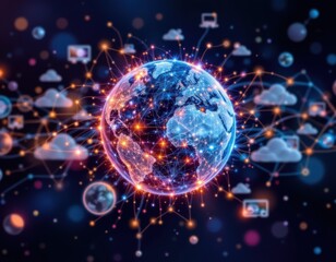 Abstract Digital Globe Representing Global Network Connections and Data Exchanges in Bright Colors