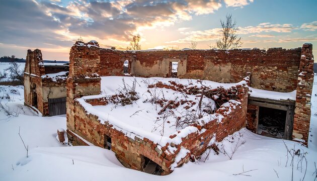 Ruined brick building partially covered in snow, under a bright winter sky