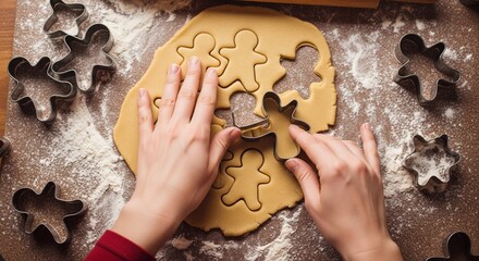 Hands cutting out festive gingerbread man cookies from fresh dough