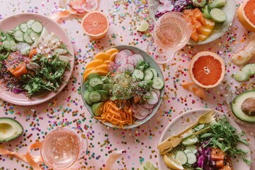 Overhead shot of a colorful meal prep spread with seasonal ingredients, sparkling New Year's confetti scattered around, and a cheerful ambiance