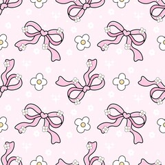 Aesthetic Pastel Pink Ribbon Bows, Little Flowers, and Sparkle Cute Seamless Pattern