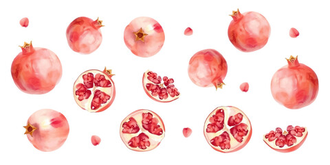 Set of pomegranates in watercolor style. different sizes and angles, including whole fruits and halves with seeds, soft red and pink tones, isolated on white background. Vector