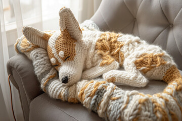 Cozy knitted dog toy resting on a soft blanket
Handmade crochet corgi in a cozy home interior