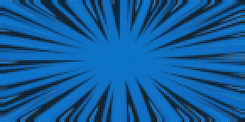 Obraz premium Pop art halftone background. Comic starburst pattern. Blue banner with star speech bubble. Vintage duotone texture. Gradient wow design. Cartoon superhero print. Vector illustration.