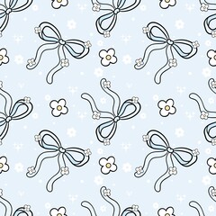 Soft Blue Coquette Ribbon Bows with Tiny Flowers and Sparkling Dots Seamless Pattern