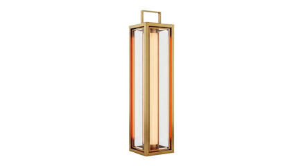 Isolated decorative lantern in a brass finish with a vertical illuminated light bar inside